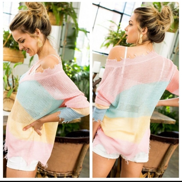 Pastel Distressed Striped Sweater **1 LAR LEFT!** - Picture 2 of 7
